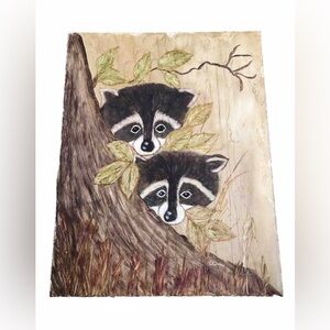 Cute Raccoon In Woods Painting 14 X 11” Folk Art Anthropomorphic - Signed